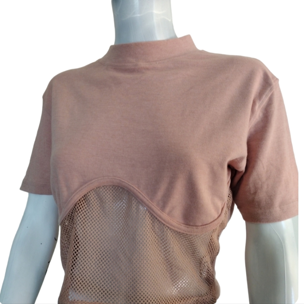 Public Desire Crop Top Women 14 Rose Pink Mesh Panel Junior Mock Neck Short Slvs